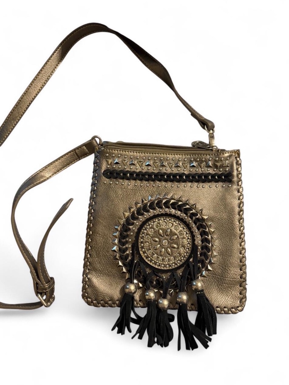 Montana West Boho Crossbody Purse Metallic Gold with black Tassles